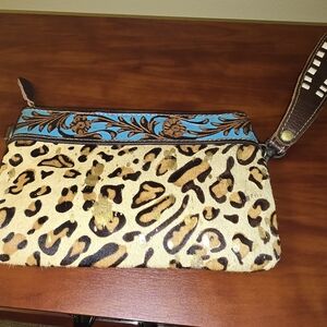 Leopard Print Wristlet with Blue Floral Accent